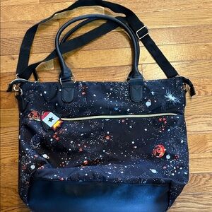 Like Dreams Black Space-Print Tote Bag with Rocket Charm